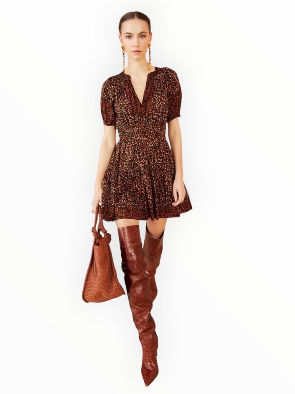 Ulla Johnson Mariana Short V-Neck Smocked Waist Mini Dress in Brown Leopard